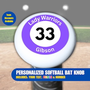 Personalized Softball Bat Knob Decals, Choose Text, Number & Colors, Easy To Apply, Tracks Your Bat, Team Discounts Included, No Minimums
