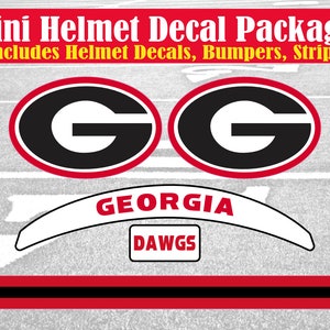 May include: Mini helmet decal package includes helmet decals, bumpers, and a stripe. The decals feature a red, white, and black Georgia Bulldogs logo with the words "Georgia" and "Dawgs".