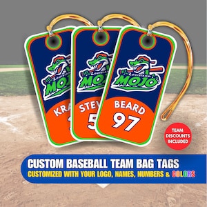 Benutzerdefinierte Baseball-Taschenanhänger, maßgeschneiderte Baseball-Geschenke mit Ihrem Logo, Ihren Farben, Namen und Zahlen, Teamrabatte werden automatisch angewendet, keine Mindestangaben