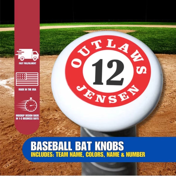 Baseball Bat Knobs | Baseball Bat Tags | Includes Team Name/Jersey Number and Colors | Keep Track Of Your Baseball Bat | Priced per item*