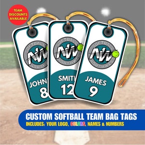 Custom Softball Team Bag Tags | Includes Your Logo, Colors, Name and Number | Keep Track Of Your Softball Bag | Team Discounts Available