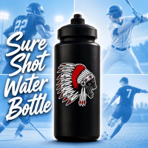 May include: Black water bottle with a black lid. The bottle features a graphic of a Native American chief in red, white, and black. The text "Sure Shot Water Bottle" is displayed in white. Sports figures are in the background.