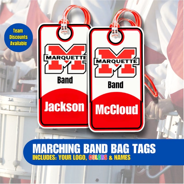 Marching Band Bag Tag, Band Gifts, Includes Team Logo, Colors, Names, Team Discounts Available, No Minimum, Track Your Instruments