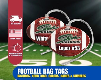 Custom Football Bag Tag, Personalized football equipment luggageTag Includes your Team Logo, Lanyard & your Name Numbers, Team Orders Welcom
