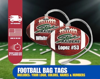 Custom Football Bag Tag, Personalized football equipment luggageTag Includes your Team Logo, Lanyard & your Name Numbers, Team Orders Welcom