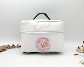 Vanity, pivoine, rose, noir et blanc, en cuir végane personnalisé confectionné artisanalement à Toulouse