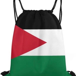 May include: A black drawstring bag with a Palestinian flag design. The flag features a red triangle on a white background with a green stripe at the bottom.