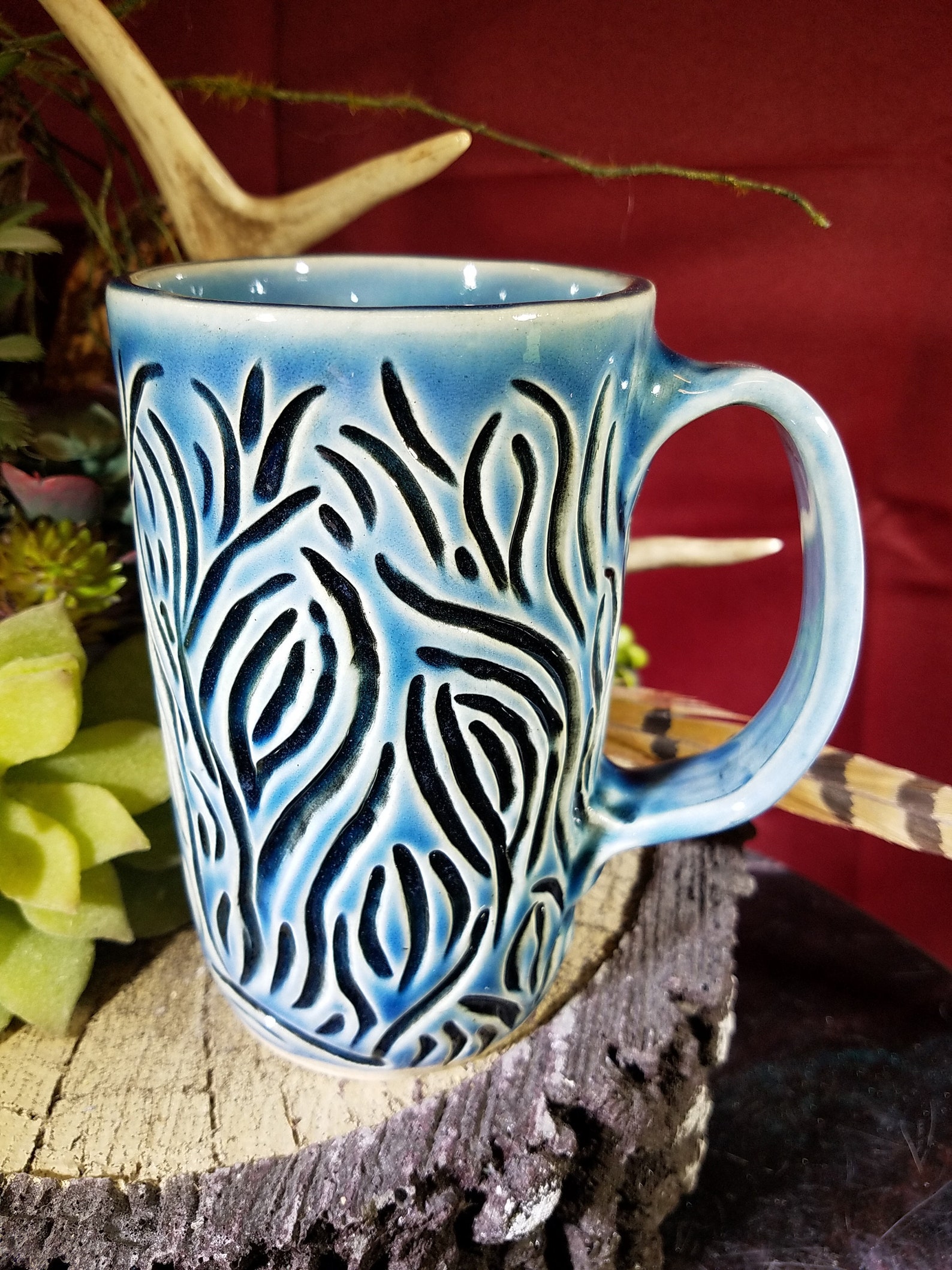 Blue Hand Carved Pottery Mug Handmade Mug Made In Usa Etsy