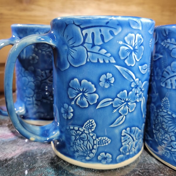 Blue Sea Turtle Pottery Mugs Handmade 16oz capacity