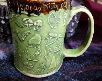 Gnomes and Trucks Green Pottery Mug