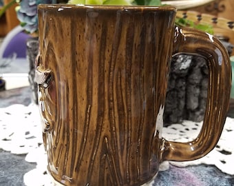 Woodgrain Brown Handmade pottery mug with Plaid Deer