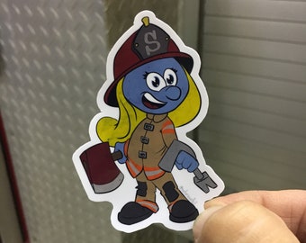 Blue Blonde Girl Firefighter- Weather Resistant - UV Laminate- Matte Finish