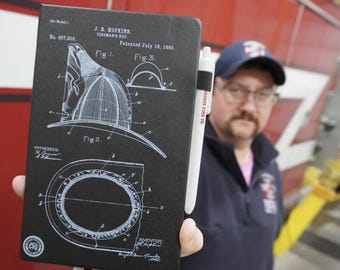Faux Leather Firefighter Journal - Vintage Helmet Blueprint Design, 5" x 8"