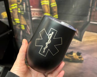 EMS Wine Tumbler - Free Personalization - Stainless Steel - Laser Engraved - 12oz, Slide Top, Matte Finish