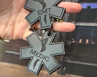 Star of Life Keychain 3" - Personalized - Real Leather - 3mm thick - Black Matte Keyring included