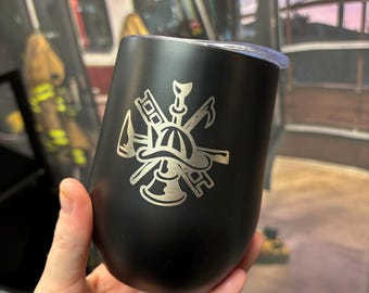 Firefighter Wine Tumbler - Free Personalization - Stainless Steel - Laser Engraved - 12oz, Slide Top, Matte Finish