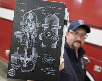 Faux Leather Firefighter Journal - Vintage Hydrant Blueprint Design - 5" x 8"