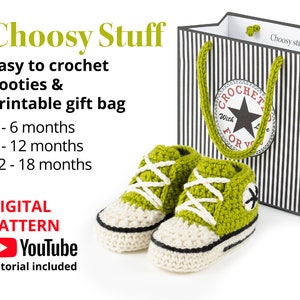 Crochet High Top Booties pattern, 3-18 months with printable gift bag.