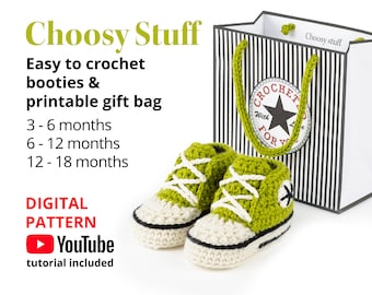 Crochet High Top Booties pattern, 3-18 months with printable gift bag.