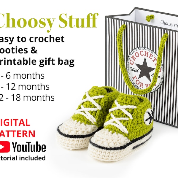 Crochet High Top Booties pattern, 3-18 months with printable gift bag.