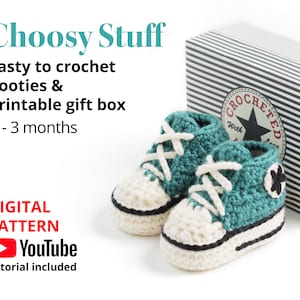 Crochet High Top Booties pattern, 0-3 months with printable gift box.