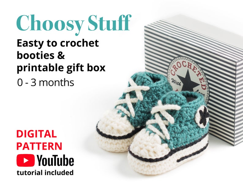 Crochet High Top Booties pattern, 0-3 months with printable gift box. image 1