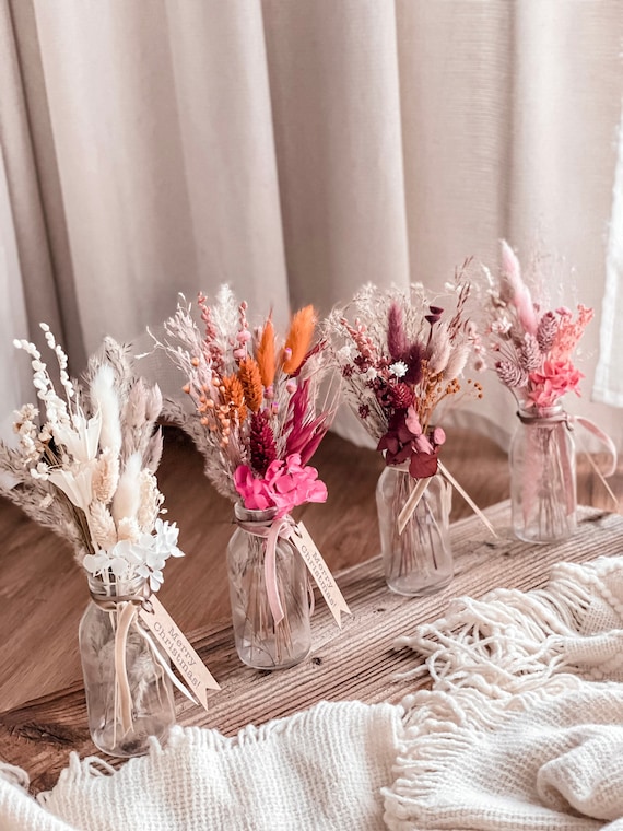 Mini Dried Flower Bouquet With Vase hello Beauty With Gift Tag / Small Gift  Table Bouquets Wedding Table Decoration 