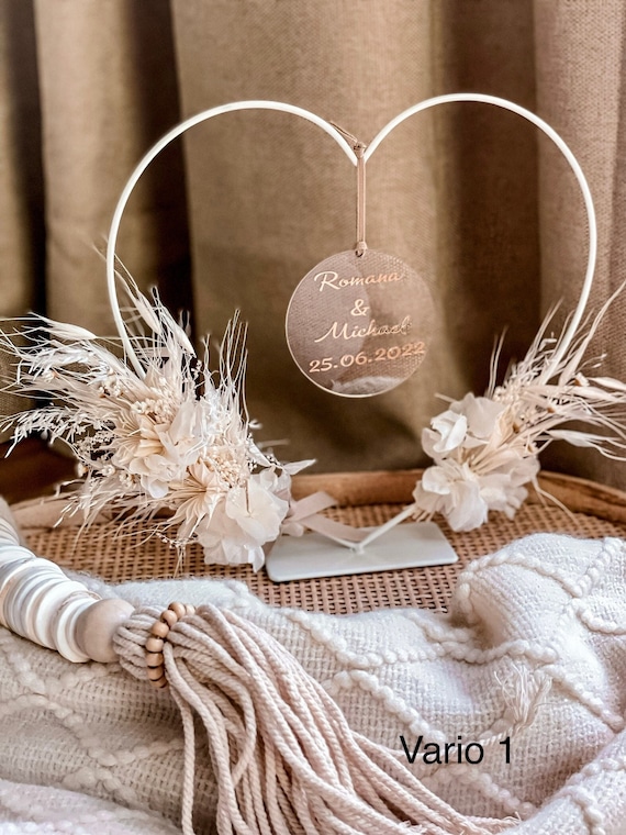 Stehendes Herz mit Trockenblumen | Hochzeitsgeschenk | Geschenketisch Hochzeit | Trauringhalter / personalisiertes Geschenk / Trockenblumen