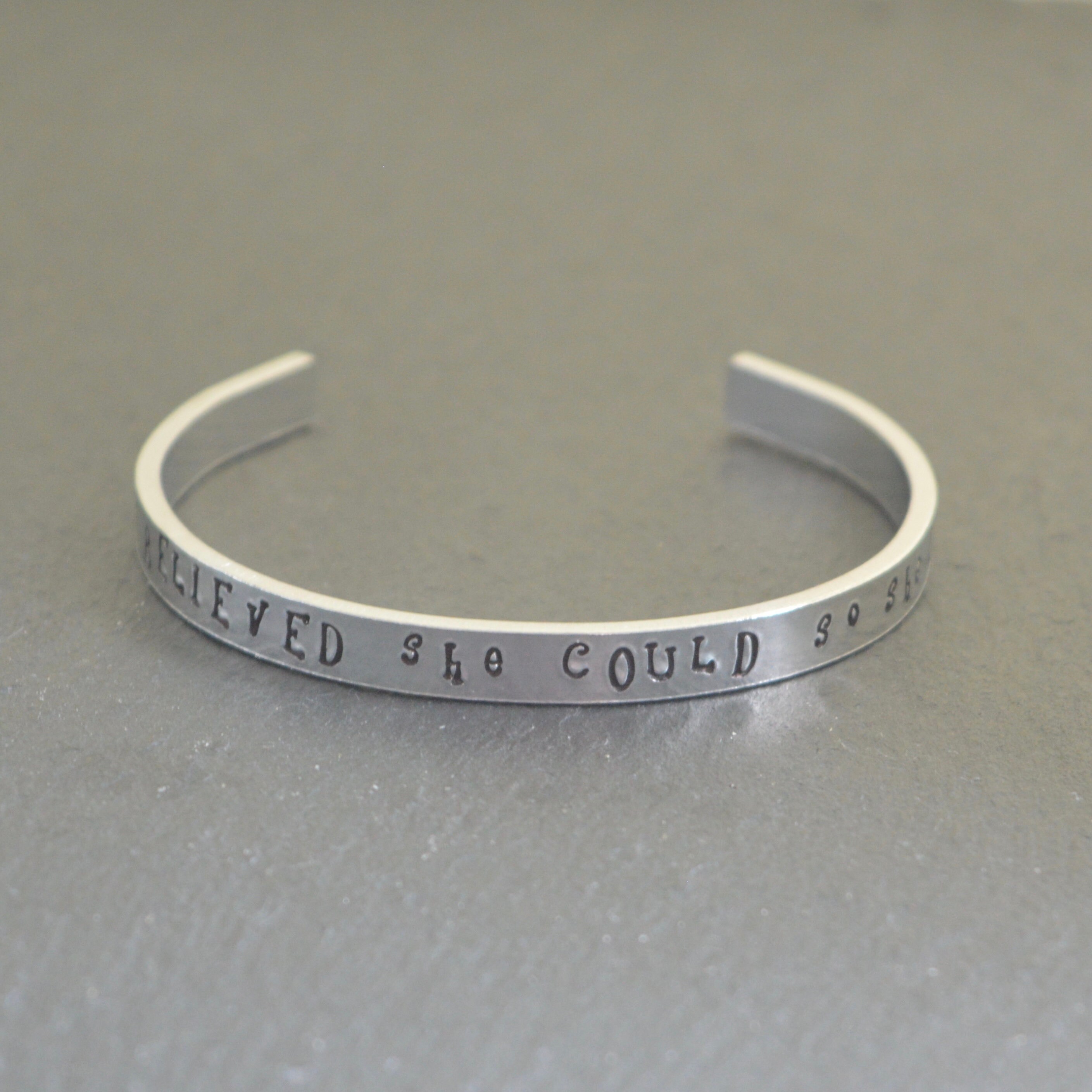 Hand Stamped Aluminum Bangle: Inspirational Quote, Adjustable