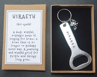 HIRAETH Hand Stamped Bottle Opener Keyring: Welsh Dragon Charm