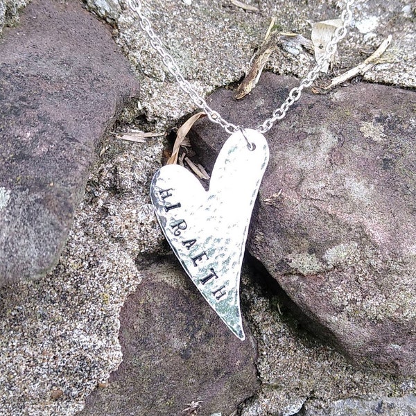 Heart Pendant Necklace ~ HIRAETH ~ Heart Shaped Necklace ~ Hand stamped Hammered Aluminium ~ Silver Alloy Chain ~ Cymru Wales ~ CWtChUS