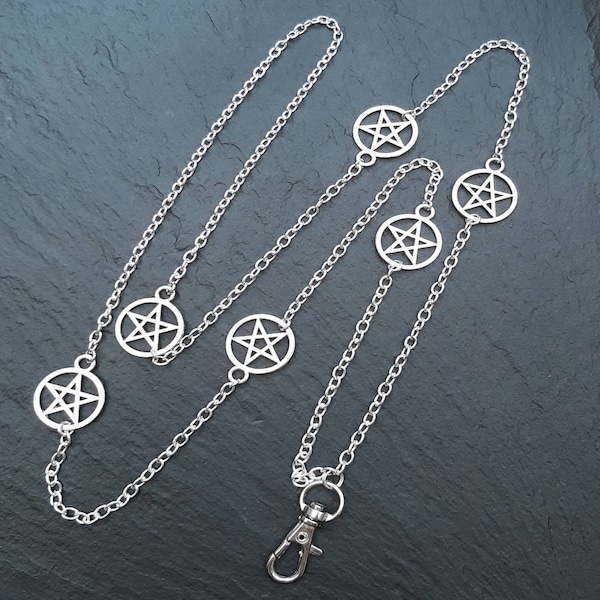 Pentagram Lanyard ~ Silver Pentagram Charms ~  Silver Plate Chain ID Card Holder ~  Lanyard Necklace ~ CWtChUSstore ~ The Witching Hour