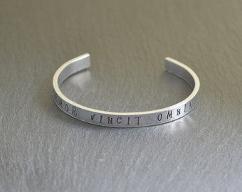 Hand Stamped Aluminium Bangle: Amor Vincit Omnia, Latin Quote