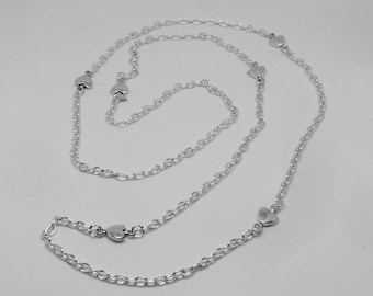 Heart Charm Long Necklace: Silver Plate Cable Chain
