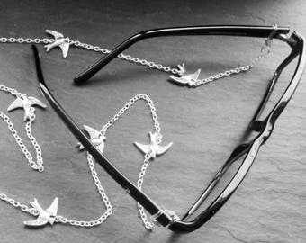 Swallows Charm Eyeglass Chain: Silver Plated Reading Glasses Lanyard