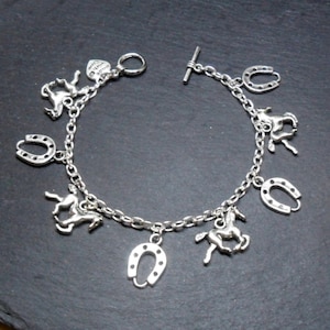 Giddy Up Horse & Horseshoe Charm Bracelet silver plate toggle clasp animal equestrian  bracelet horse jewellery cwtchus good luck gift