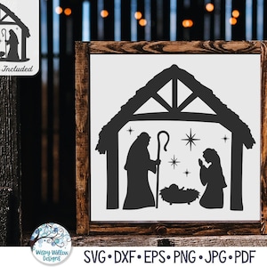 Escena de la Natividad de Navidad SVG para Cricut, Niño Jesús en el pesebre con María y José, letrero festivo religioso, archivo de corte de calcomanía de vinilo