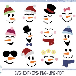 May include: A digital graphic set featuring twelve unique snowman faces with various accessories including hats, scarves, sunglasses, and bows. The designs use colors like red, black, blue, pink, and yellow, with orange carrot noses and black dot mouths.