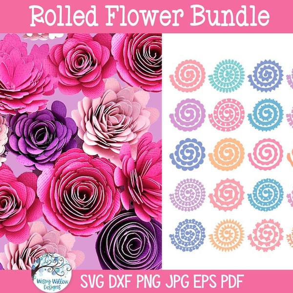 Rolled Flower SVG Bundle for Cricut, 3D Paper Flowers Template, Wedding Floral Bouquet Designs, Cardstock Paper Rose Digital Files