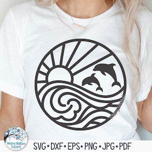 Lever du soleil sur la plage avec les dauphins SVG, signe rond de plage d'été, contour d'animal de mer, dauphins nageant dans l'océan Jpg, fichier autocollant vinyle pour Cricut