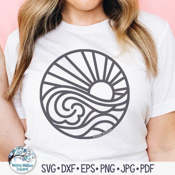 Beach Sunrise with Sea Waves SVG, Round Decal File for Cricut and Silhouette, Summer Beach Sign, Nautical Ocean with Sunset, Png, Dxf, Jpg