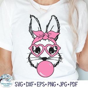 Lapin de Pâques lapin SVG pour Cricut, lapin mignon avec bandeau écharpe bandana, coeur lunettes et bubble-gum PNG, fichier vinyle autocollant fille lapin