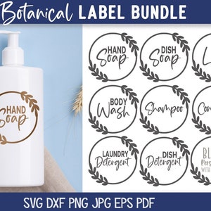 Pacchetto etichette SVG per sapone con foglie botaniche per Cricut, etichette per cucina, bagno e lavanderia, detersivo per piatti, lozione, shampoo, balsamo, file di decalcomanie in vinile