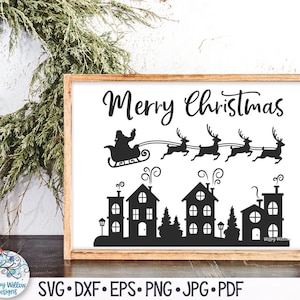 Frohe Weihnachten SVG für Cricut, Weihnachtsmann und Rentier fliegen über Stadt, Winter Dorfhäuser Zeichen, Vinyl Aufkleber Datei für Silhouette