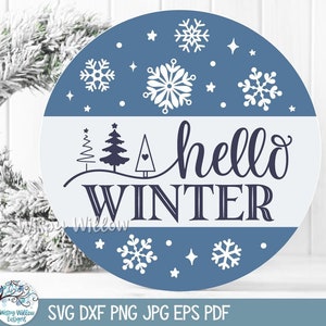 Bonjour hiver signe SVG pour Cricut, signe rond de flocon de neige de vacances, fichier de coupe de décoration de Noël, accroche-porte de ferme d'hiver PNG, JPG imprimable