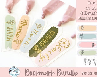 Spring Bookmark SVG Bundle for Cricut, Personalized Floral Bookmark with Paint Brushstroke, Boho Bookmark for Reading, Book Lover Gift