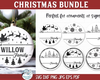 Pacote SVG de enfeite de Natal para família para Cricut, presente de Natal com sobrenome personalizado, placa de porta redonda, vinil de férias e arquivos cortados a laser