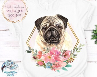 May include: A watercolor illustration of a pug dog with pink flowers and green leaves in a gold and pink geometric frame. The image is on a white background.