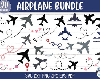 Airplane SVG Bundle for Cricut, Travel Clipart Png, Cute Planes with Hearts, Plane Travel Lines, Boy Monogram Svg, Vinyl Decal Cut File