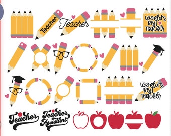 May include: A digital design bundle featuring 26 graphics of yellow pencils, red apples, and text including Teacher, Teacher Assistant, and World's Best Teacher. The collection includes various frames, monograms, and pencil arrangements with pink erasers.